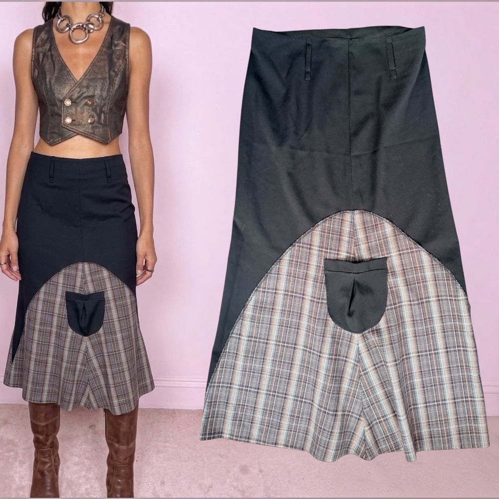 Vintage Y2K French Plaid Panel Flared Maxi Skirt Black Tartan Pocket T1 S